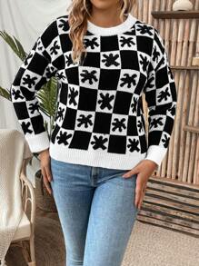 SHEIN LUNE 格纹图案落肩针织套头衫，适合秋冬季穿着 - 黑與白 - 查看 4