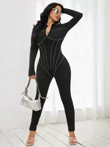 SHEIN SXY Top-stitching Half Zip Unitard Jumpsuit - Black - View 1