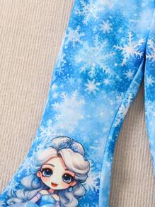 SHEIN Young Girl Figure Graphic Snowflake Print Flare Leg Pants
