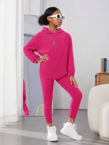 Tween Girl Solid Drop Shoulder Hoodie & Leggings - Hot Pink - View 4