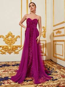 Contrast Sequin Mesh Panel Tube Formal Dress - Hot Pink - View 3