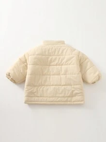 SHEIN Young Girl Letter Embroidered Slant Pocket Padded Coat - Beige - View 2