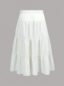 SHEIN MOD Plus Button Front Layered Ruffle Hem Denim Skirt - White - View 2