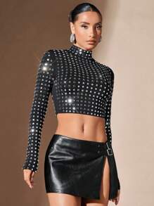 SHEIN BAE Mock Neck Rhinestone Crop Tee - Black - View 7