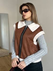 SHEIN Essnce Contrast Teddy Collar Zipper Vest Jacket - Brown - View 4