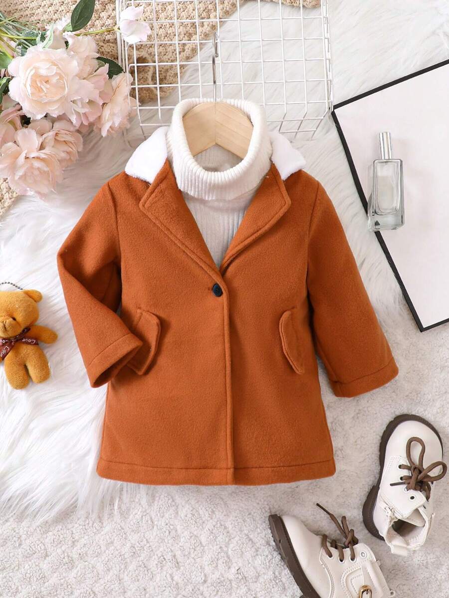 Đứa bé gái 1 Miếng Cổ áo Borg Cổ áo Áo khoác - Màu Khaki - Xem 1