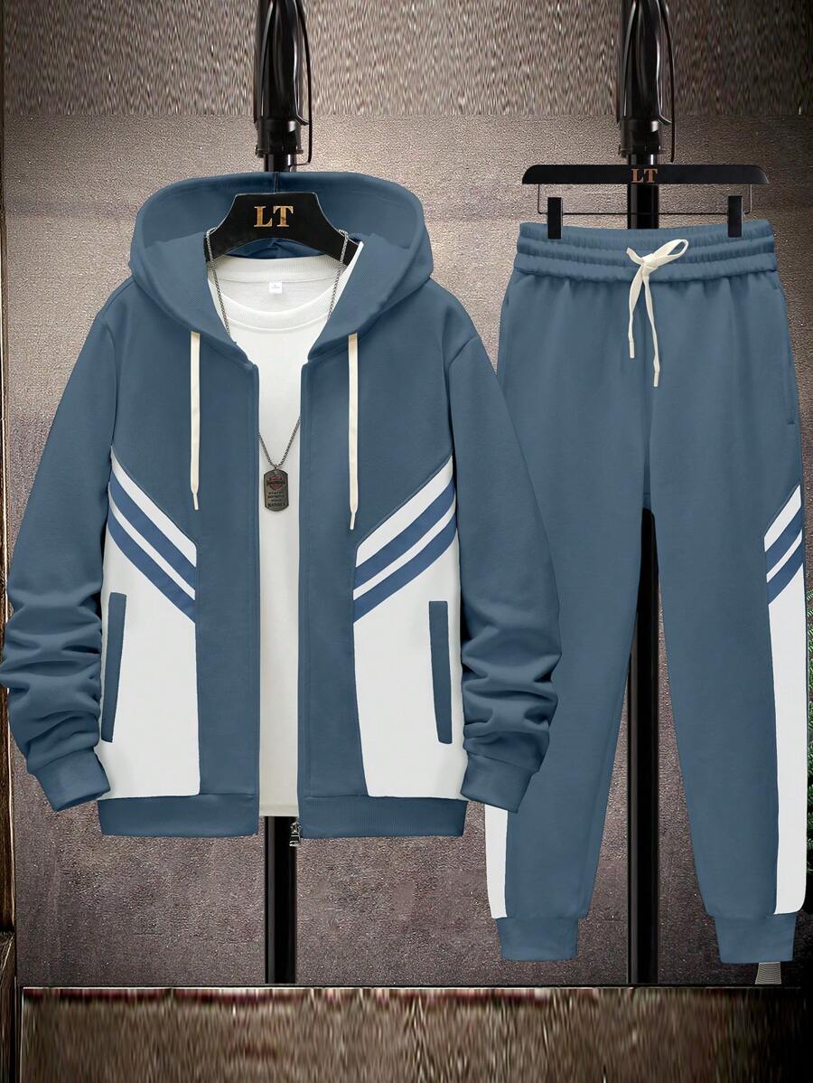 Men Striped Print Zip Up Drawstring Hoodie & Sweatpants Without Tee - Blue - View 1