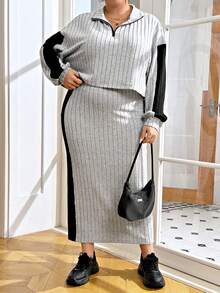 SHEIN Essnce Plus Contrast Side Seam Drop Shoulder Half Zip Top & Skirt - Grey - View 5