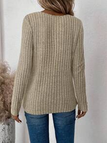 蕾絲拼接前紐扣條紋針織T恤 - 杏色 - 查看 2