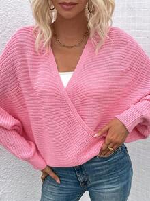 SHEIN Frenchy tay cánh Bọc Buộc lại Áo len - Hồng - Xem 5