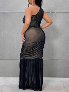 SHEIN Belle Plus Size One Shoulder Mermaid Style Dress - Black - View 3