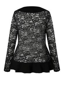 SHEIN LUNE 大碼荷葉邊開門襟蕾絲夾克 - 黑色 - 查看 2