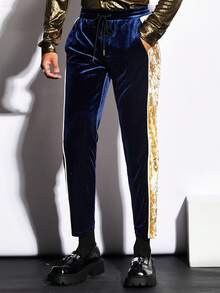 GENTILAND 男撞色側縫抽繩腰部天鵝絨長褲 - 藏蓝色 - 查看 6