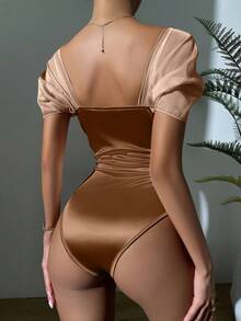 SHEIN Privé 雞心領口緞面連身背心 - 棕色 - 查看 2