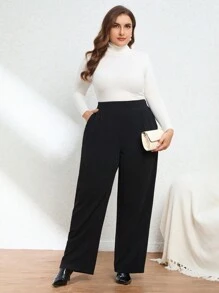SHEIN Privé بنطلون نسائي مستقيم أنيق بمقاس كبير - الأسود - مشاهدة 6