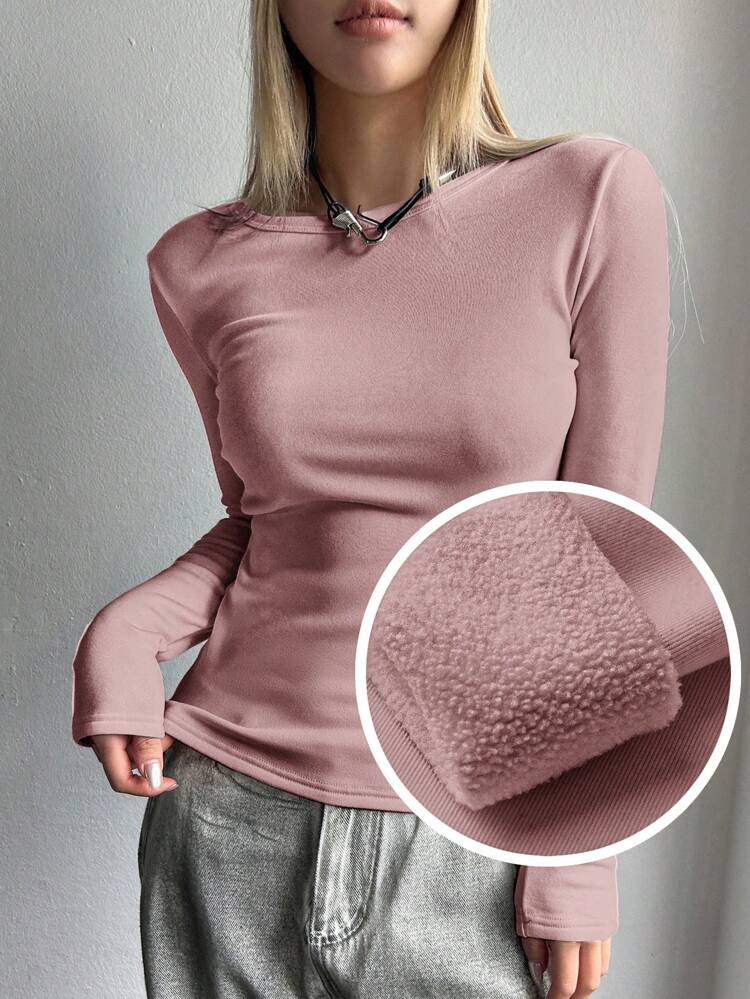Solid Round Neck Thermal Tee Long Sleeve Women Tops,Thermal Lined Fall,Winter