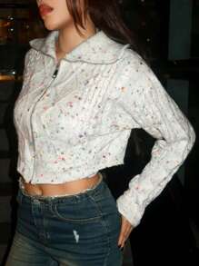 SHEIN ICON Confetti Knit Zip Up Crop Cardigan - White - View 4