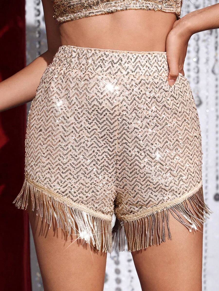 Zolique Fringe Trim Sequin Shorts - Champagne - View 1