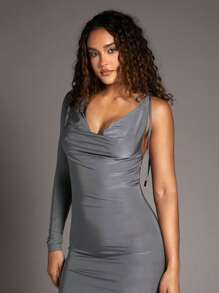 SHEIN BAE 女式翻領一字肩連身裙 - 棕色 - 查看 1