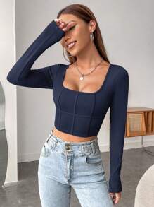 SHEIN EZwear Women's Sexy Long Sleeve Crop Top Seamless Square Neck T Shirt Tops - Navy Blue - View 4