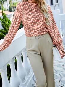 SHEIN LUNE Allover Print Keyhole Back Bishop Sleeve Blouse - Multicolor - View 6