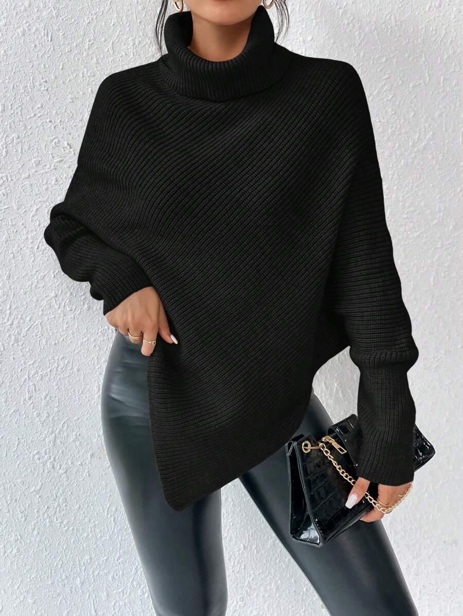 SHEIN Essnce 高領蝙蝠袖不對稱下擺斗篷毛衣 - 黑色 - 查看 1
