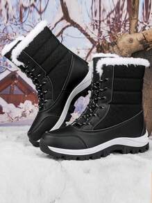Giày bốt mùa đông dày chống trượt cổ cao mới, Giày đi bộ đường dài ngoài trời cho nữ, Giày bốt đi tuyết buộc dây thời trang cho mùa đông, Giày thể thao màu đen để trượt tuyết, Giày bốt mùa đông cao đến giữa bắp chân và mắt cá chân dành cho cả nam và nữ - màu đen - Xem 4