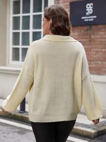 SHEIN Unity Plus Size V-Neck Drop Shoulder Sleeve Sweater Knit Pullover Fall Winter Sweater - Beige - View 3