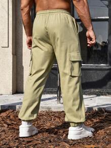 Manfinity Homme Loose Fit Men's Cargo Pants With Flap Pockets, Side Drawstrings - Light Grey - View 2