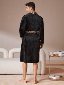 Bata De Baño Con Cinturón Para Hombre Con Estampado De Leopardo - Negro - Ver 2