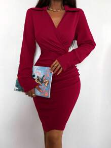 EURMUSE Women's Deep V-neck Wrap Pencil Dress With Ruched Detail - Red - View 1