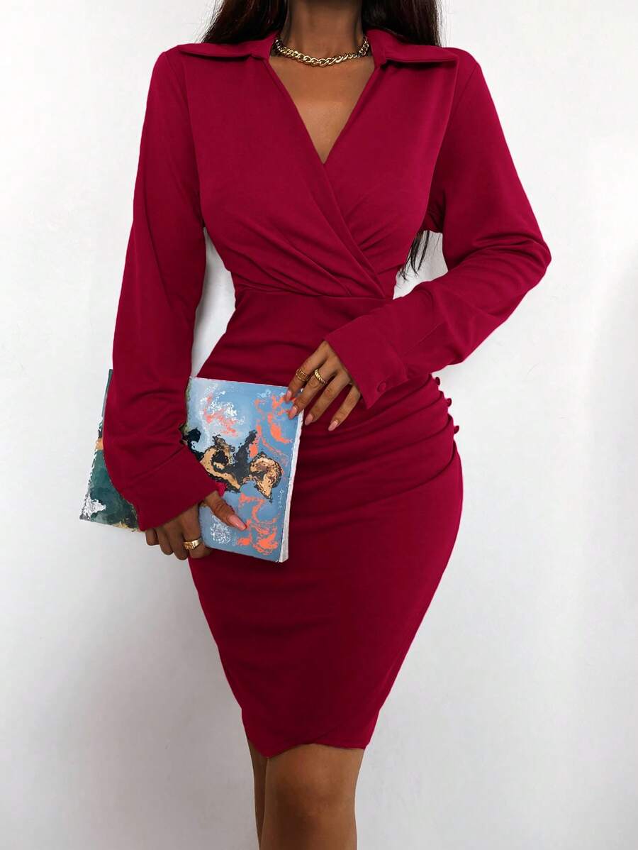 EURMUSE Women's Deep V-neck Wrap Pencil Dress With Ruched Detail - Red - View 1