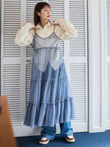 FRIFUL 1件荷邊蕾絲連身裙 - 藍色 - 查看 5