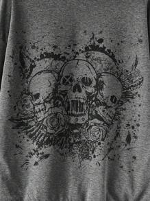 ROMWE Grunge Punk Casual Skull Print Hooded Sweatshirt, Spring & Autumn