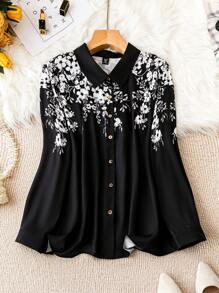 Calvaya Talla grande Camisa con estampado floral con botón delantero - Blanco y Negro - Ver 1