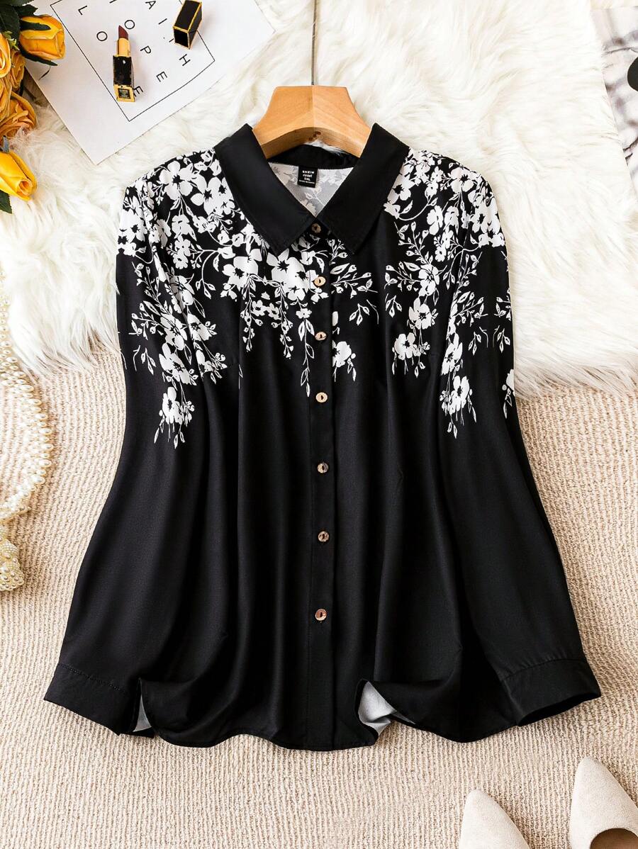 Calvaya Talla grande Camisa con estampado floral con botón delantero - Blanco y Negro - Ver 1