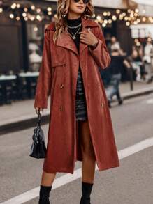 SHEIN Clasi Double Breasted Belted Trench Coat Fall Cloth For Women - Redwood - View 5