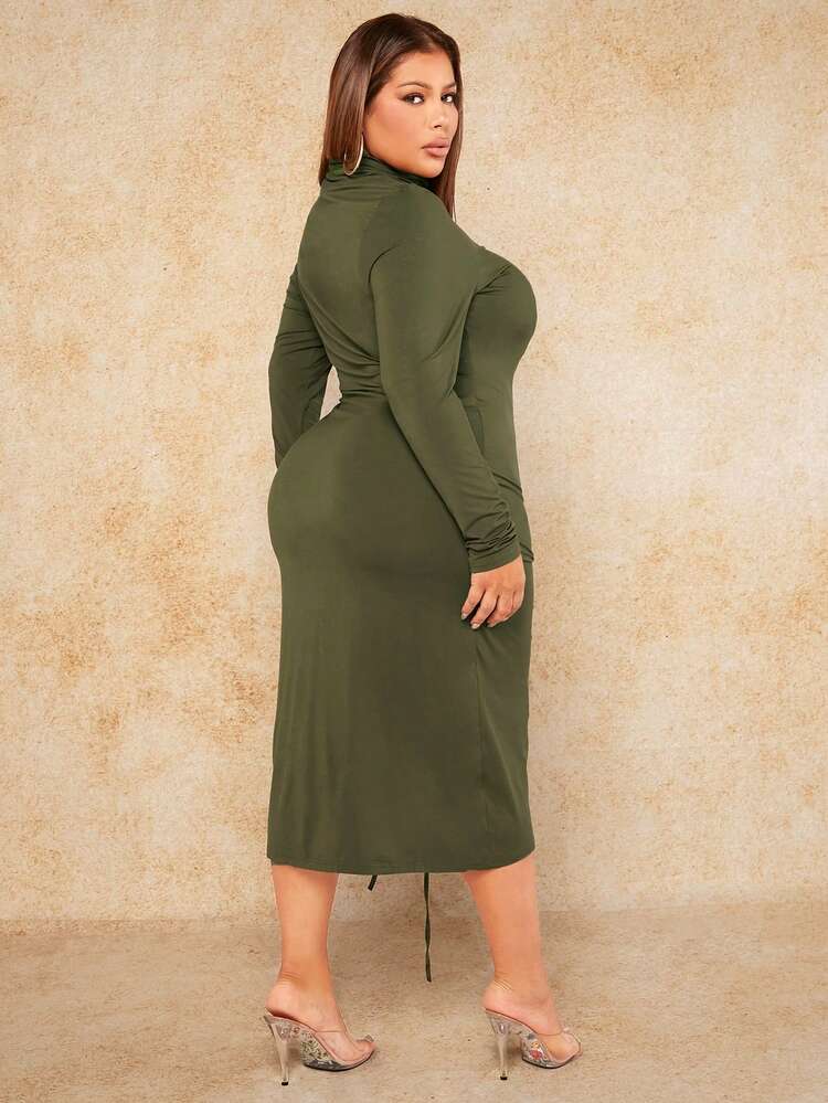 Plus Size Drawstring Split Hem Dress New Years Women Outfit Christmas Green Dress