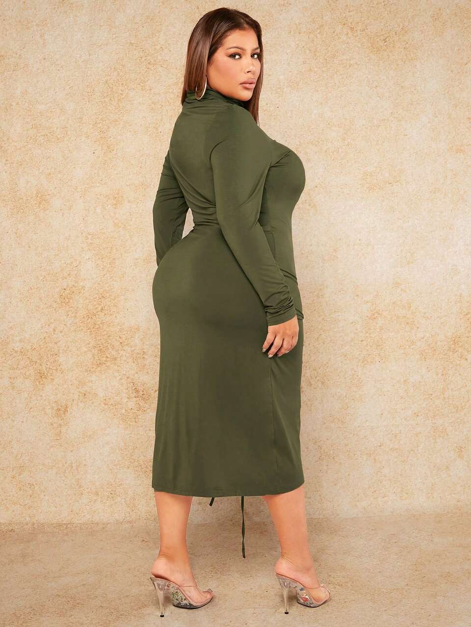 Plus Size Drawstring Split Hem Dress New Years Women Outfit Christmas Green Dress