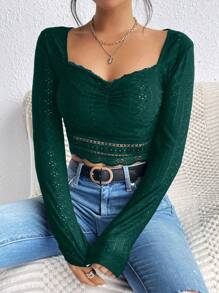 SHEIN Frenchy Cổ Trái tim Trang trí ren Lỗ gắn thêu Áo phông Crop - Màu xanh lá cây đậm - Xem 4