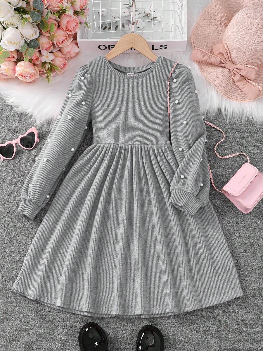 SHEIN Tween Girl Solid Color Round Neck Long Sleeve Beaded Bubble Sleeve Dress - Light Grey - View 1
