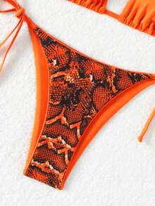 SHEIN Swim Women's Snake Print Lace-up Halter Neck Bikini Set - Orange - View 4