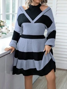 Calvaya Kích thước lớn Tương phản Thả vai Đầm Áo len - Nhiều màu - Xem 3