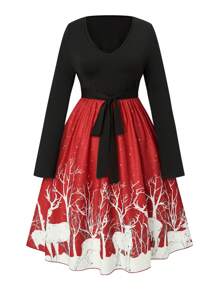 SHEIN Unity Talla grande Vestido con cinturón con estampado de ciervo - Rojo - Ver 1
