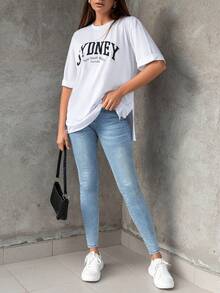 Letter Graphic Drop Shoulder Tee - أبيض - مشاهدة 5