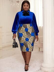 SHEIN Lady Plus Geo Print Bow Front Lantern Sleeve Velvet Dress - Multicolor - View 1