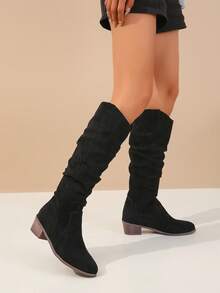 女式經典時尚靴子 粗跟 中筒 靴子 絨面 長靴 冬季靴子 - 黑色 - 查看 4