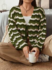 Flirla Plus Wave Striped Pattern Tie Front Drop Shoulder Cardigan - Green - View 3