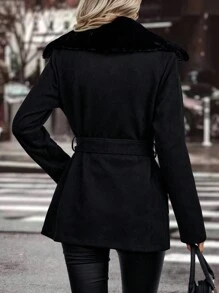 SHEIN Clasi 羊絨領口拉鏈開襟腰帶外套 - 黑色 - 查看 2