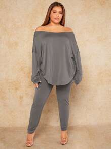 Shein Sxy 女士露肩交叉領口純色加大尺寸兩件式女裝 - 灰色 - 查看 3